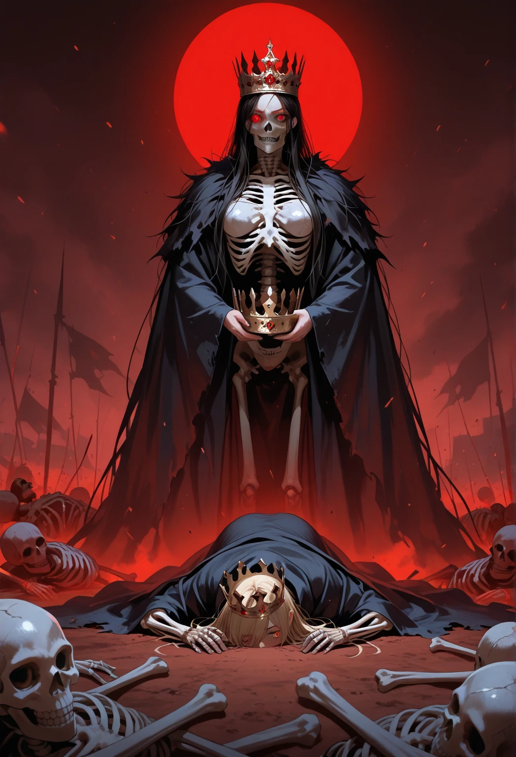 There's a lady sitting on a chair on top of a pile of corpses