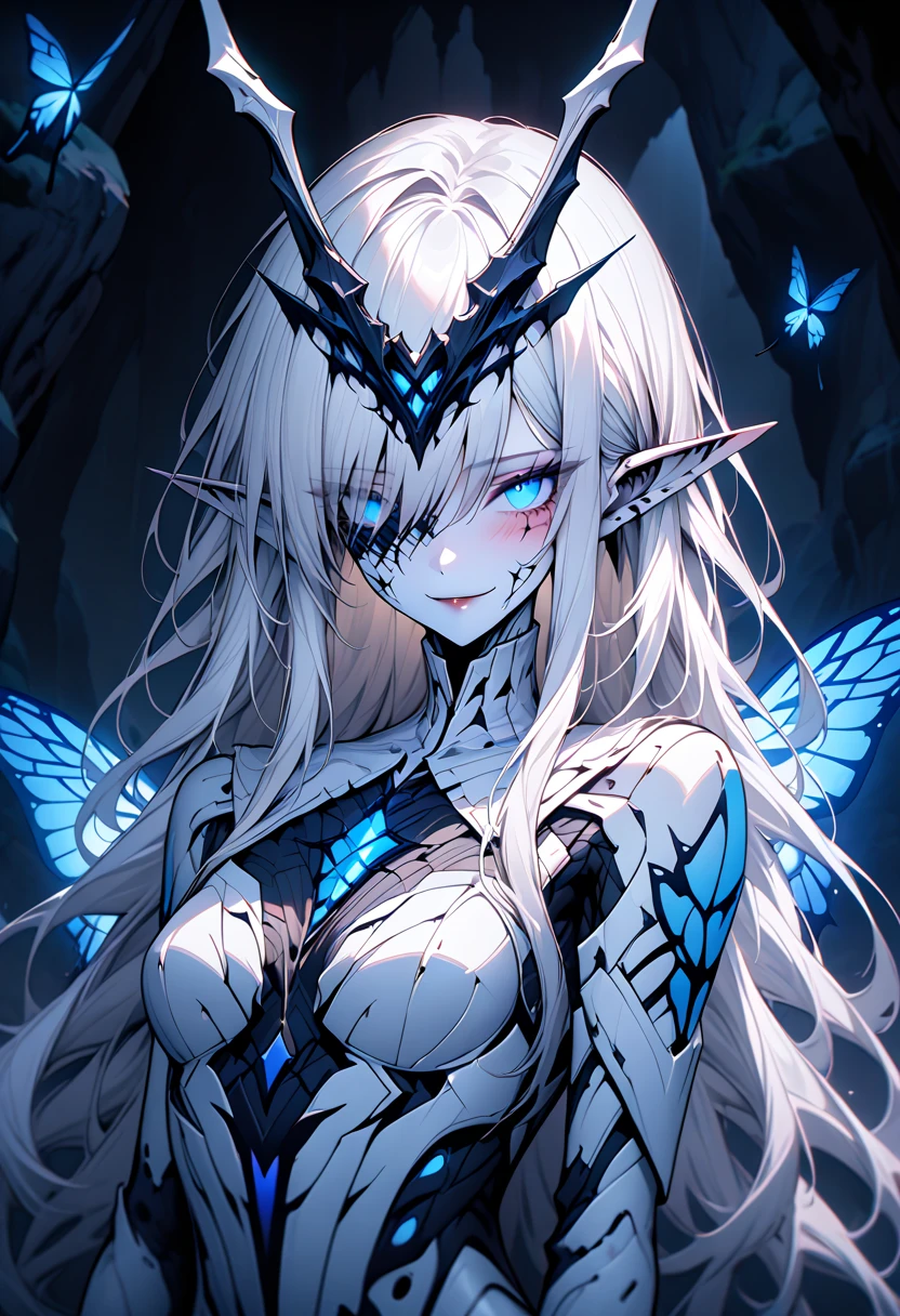 Overgrown forest life, golem Hylia, chipped stone skin, grey skin, black veins, armor,detailed,detailed eyes, detailed hands, detailed eyes, elf woman, flowers, wet hair, flowers, full bod