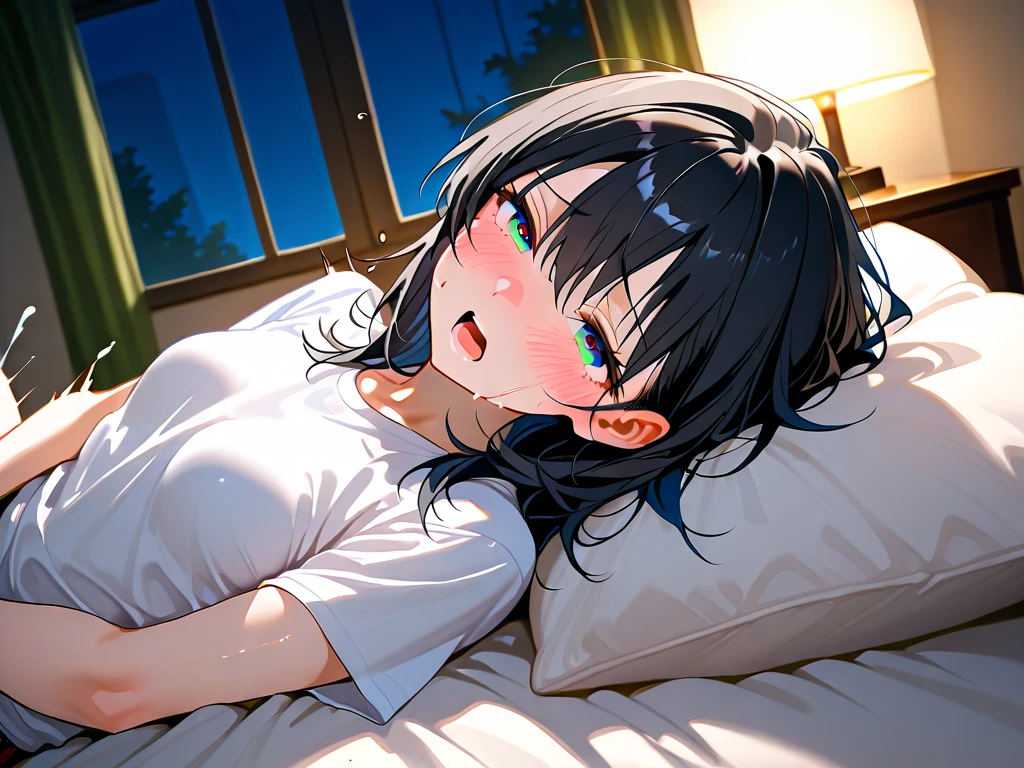 A round face that appeals to everyone、A little big chest、Silver Hair、Lying down with eyes closed and sleeping、In bed、Wearing cute clothes、