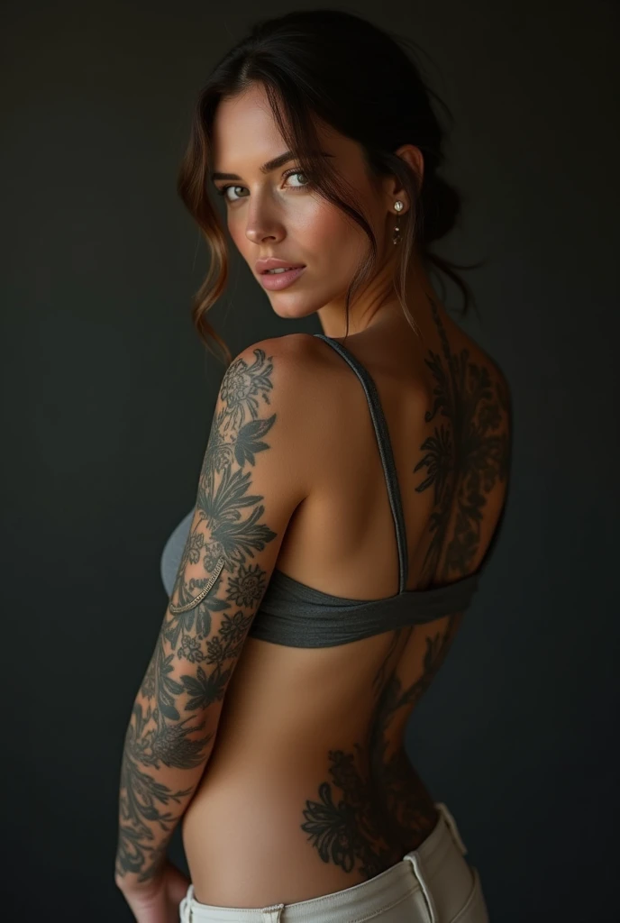 Best texture, high quality, ultra HD, 8K, young girl leotard grey background tattoos