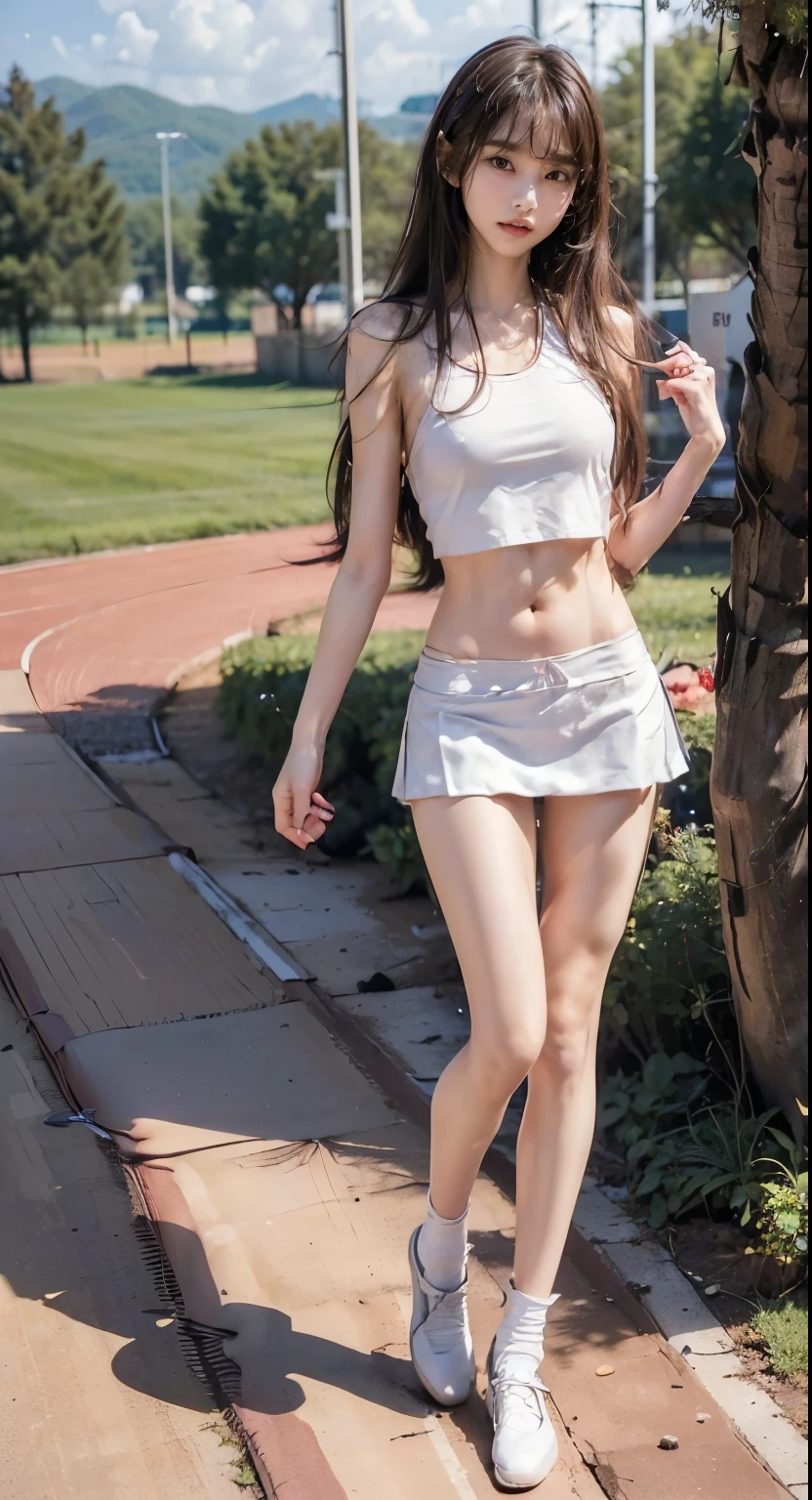 portlate, NSFW, pregirl, 14, junior high girl, cute beauty, , thin skinny hips and thigh, flat waist, tiny breast, long black silky disheveled hair, long hair、short sleeves、rainy days、Clothes are see-through in the rain、Physical education field、cute face、low twin tails, scared, beautiful white shinny skin, red runner shorts, tiny thin top, Green eyes balanced, puffy Areola