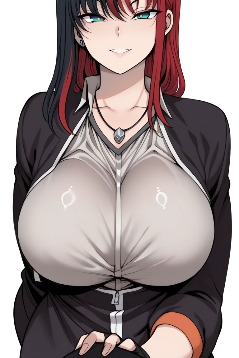 masterpiece, best quality, ultra-high-detailed, 1girl, nipple chain, makima \(chainsaw man\), red hair, long braided hair, golden eyes, bangs, black pants