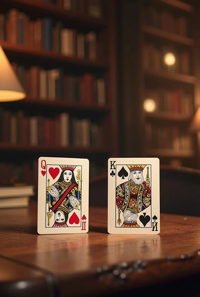 2 playing cards, queen of hearts, king of clubs, on a wood table in a warmly lit library, calm atmosphere, very detailed, masterpiece, dim lighting, beautiful 