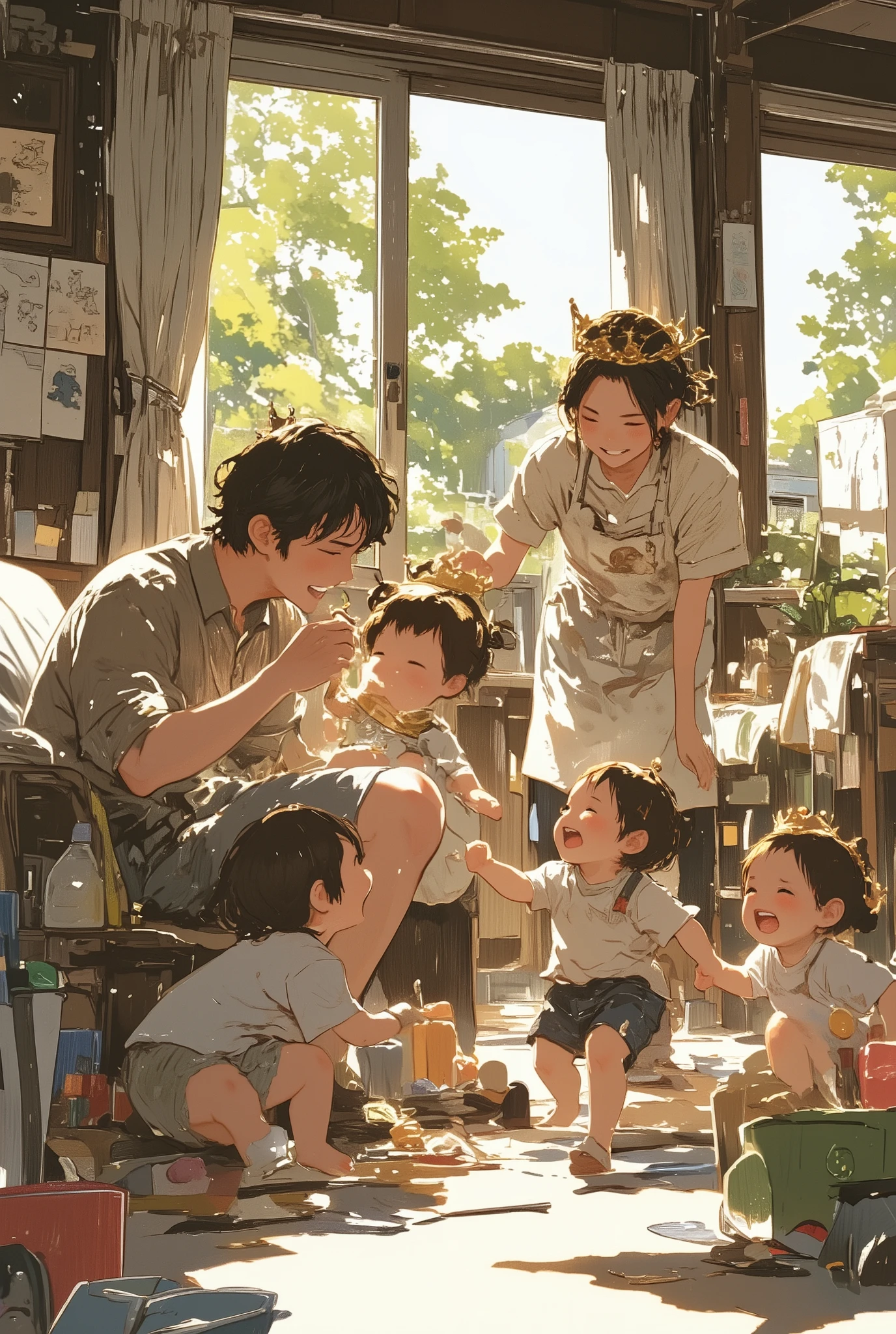a heartwarming cinematic scene of an elderly king and queen sitting together on a large garden bench, surrounded by a group of cheerful grandchildren of various ages, all laughing and smiling

the old man wears a slightly oversized royal crown and a cozy cardigan over his royal robe, while the elderly woman wears a simple tiara with a floral shawl, both beaming with joy and wrinkled smiles

the ren hug them, sit on their laps, show them drawings and playfully pull at their capes, creating a warm, lively atmosphere

set in a sunlit backyard or park with soft grass, scattered toys, and a homemade picnic setup, with warm golden-hour lighting and soft shadows

the scene blends light fantasy with wholesome reality, ultra-detailed digital illustration, gentle colors, soft textures, trending on ArtStation, best quality, aidmamj6.1