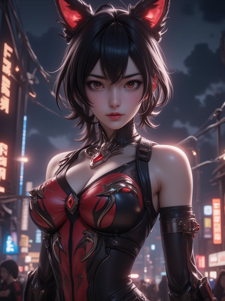 ganyu \(genshin impact\), ganyudef, outdoors, cyber punk city, red eyes, volumetric lighting, soft lighting, cinematic, looking at viewer, massive breast covered by black lace top, showing plunging neck line, long Black hair