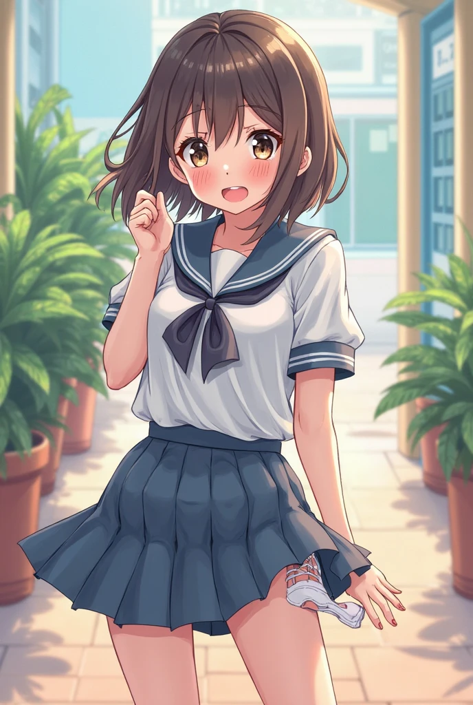 best quality,1girl,((,small breasts,loli:1.3)),y,((orgasm,blush:1.3)),angry,sweat,Arisu Tachibana,black hair, long hair,hair ribbon, ((white tank top,blue skirt,mini skirt,lift skirt,upskirt,kneehighs,white panties,lace panties:1.1)),((walking:1.1)),forest,forest林,crotchAngle,head out of frame,lower body,((have to pee:1.3)),covering crotch,(((hand between legs))),knees together feet apart,Pee,Urinating,wet