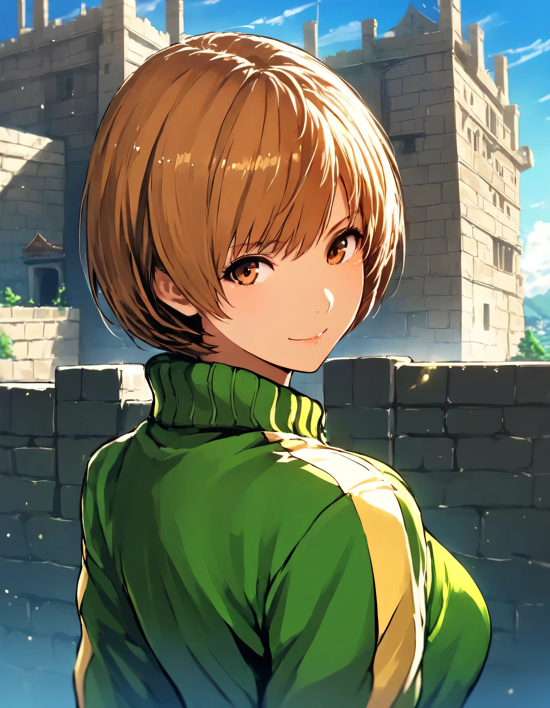 
1girl, satonaka chie, fire emblem, year 2016, upper body, fort, blue sky, masterpiece, high score, great score, absurdres, 16k, super detail