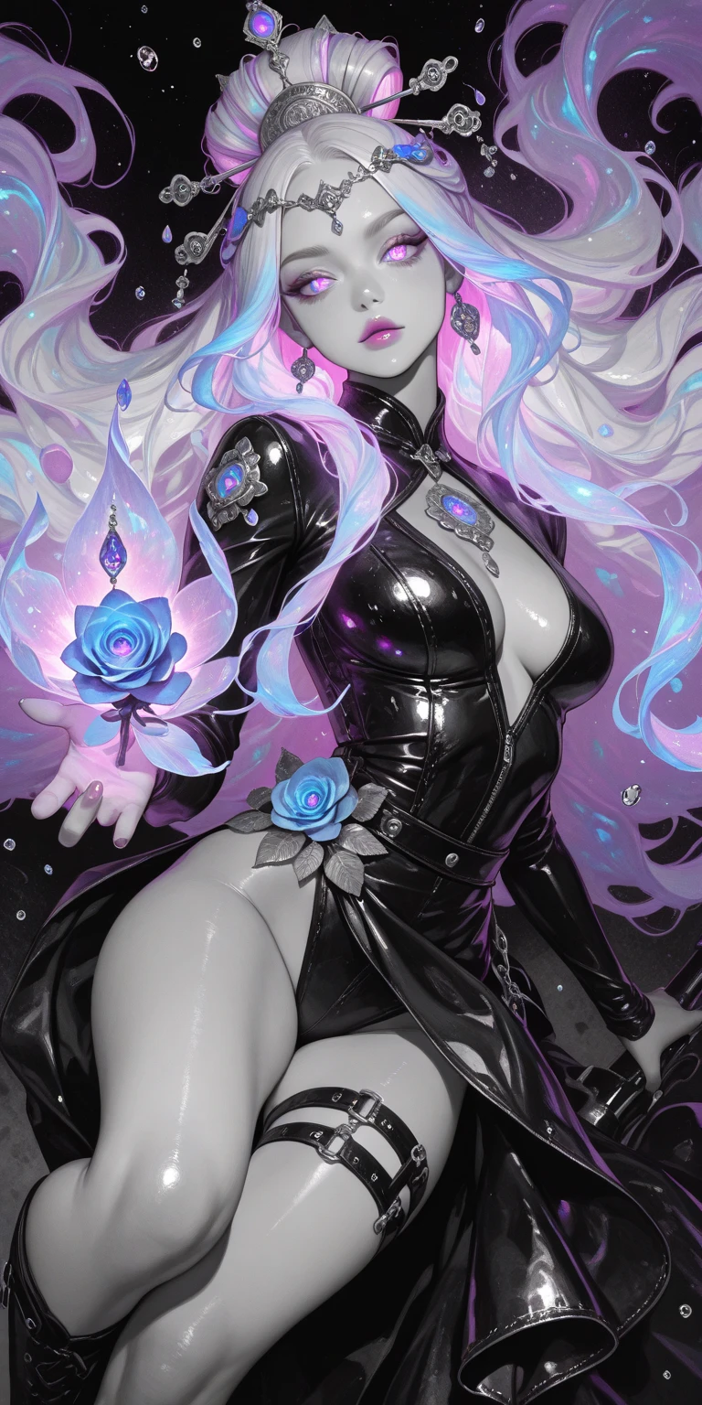 （（masterpiece：1.4，best quality）），（Super detailed），（Extremely detailed eyes），（black leggings，Shiny socks：1.5），Hello Darkness
（Cute girls），15 years old，（Blood-red pupils，Diamond-shaped pupil：1.15），Purple Eyeshadow，（elongated hair，Thick hair，Single ponytail，shiny hair：1.5）（Changes through：1.2），White skin，despair，sad，Empty eyes，tears streaming down my face，tilting its head to the side，
（She wore a blue dress，：1.5），（Black gloves：1.4）Very long plush sleeves，White，White Cloud，Dream bubbles ，Ice and glitter effects
（Black long skirt：1.1），
（dawn：1.2），
（Intense black and white：1.16），（Depth of Field：1.4），，Intricate details，(((Castle in the Sky，Standing by the lake，Purple flowers by the lake)))，(((Huge breasts，Bare breasts，Deep cleavage)))