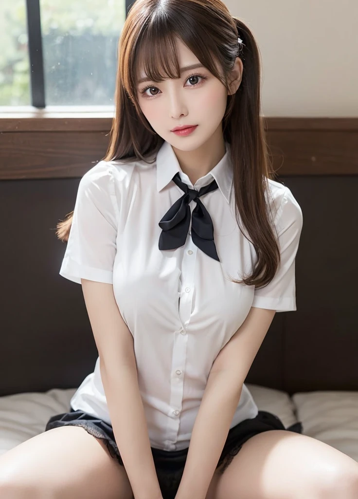 8k, masterpiece, RAW Photos, highest quality, Realistic, Highly detailed CG Unity 8k wallpaper, Written boundary depth, Cinematic Light, Ray Tracing,(Very beautiful face, Beautiful Lips, Beautiful Eyes), (dense beautiful skin) , One Girl, Very cute 14 year old Japanese girl, Always wears glasses, Very lean body、 Body Type、 Young body, Young face, Big Breasts, Huge breasts、(very large and soft breasts), (120cmJCup Bust),Small Ass, Beautiful black long hair, Hair tied up、White nurse uniform with open collar、The chest of the nurse uniform is wide open、Plain small nurse cap、White Stockings、(Abandoned hospital with medical equipment scattered around)、Up Leg、The cutest and sexiest photoshoot ever
