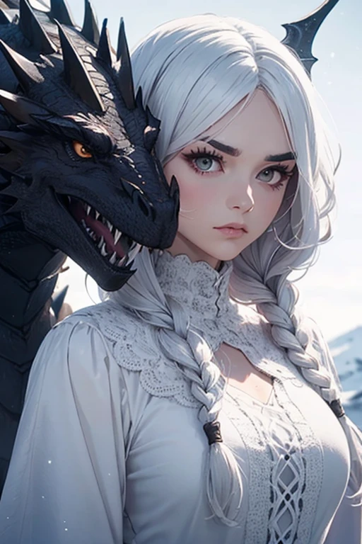 Uma  bonita, retrato, longos cabelos loiros, Beautiful, olhos brilhantes, roupa branca, stroking a dragon,