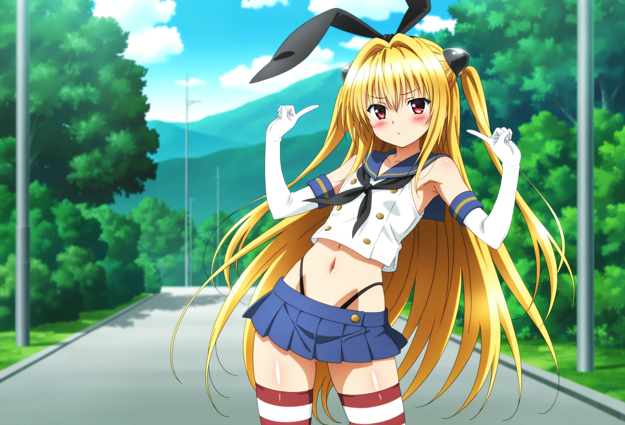 Life activities, 1girl in, ((a park:1.5)), ((strong breeze)),(masutepiece:1.2), Best Quality,Best Beautiful Girl, High resolution, Unity 8k壁纸, (Illustration:0.8), Perfect Lighting, extremely details CG, (Perfect hands, Perfect Anatomy),model poses,Eyes open,(masutepiece:1.2), Best Quality, Fate Testarossa, 1girl in, a blond,Long hair, Twin-tailed, a black ribbon,((Bunny Girl:1.5)), Park, High resolution, Unity 8k壁纸, (Illustration:0.8), extra detailed face, Perfect Lighting, extremely details CG, (Perfect hands, Perfect Anatomy),masutepiece, Best Quality,Cowboy Shot,red blush,((9 Talents:1.5))、tiny girl,tiny chest,kindly smile、msfw,