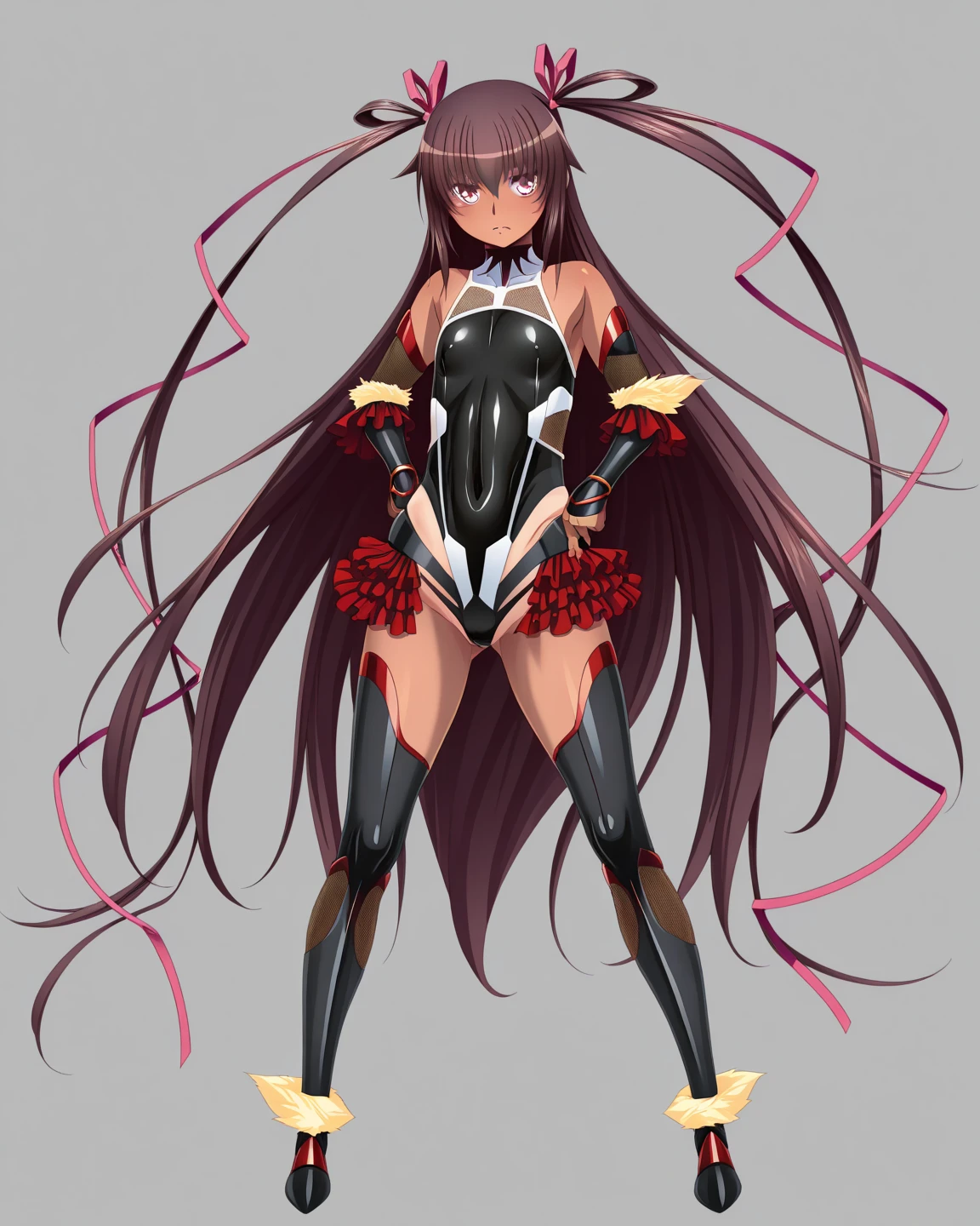 ultra-detailed, Explicit, Beautiful body, Beautiful Nose, Beautiful character design, perfect eyes, perfect face, ultra highres, 4K, beautiful legs, perfect legs, Nice hands, Perfect hand, Masterpiece, Best Quality, Highly detailed, illustration, absurdres, perfect anatomy, street fighter, doll suit, shadaloo doll, dollsuit, expressionless, blank eyes, looking at viewer, red gloves, emotionless, black latex, corruption, mind control, female combatant, full body, hypnotized, unhappy trance, full body suit, ribbed bodysuit, both arms at side, obey, perfect female body, extremely glossy latex, hypnosis, hypnoLora, empty eyes, Mind control device, poses, submissive_pose, Slave, standing straight, standing, standing at attention, hat, necktie, belt, latex, ribbed bodysuit, thigh Highs, garter belt, Fighting Stance, extending the right arm from the shoulder into the air with a straightened hand, military, thigh boots, black pantyhose, (((pixel-perfect, detail-perfect))), solo, 1girl, hair ornaments, miyo, MIYOSAIMORI, 1GIRL, SOLO, BANGS, BRAID, FLOWER, HAIR FLOWER, mole, mole under eye, Long hair, hair over shoulder, black hair, purple eyes, apocalyptic background