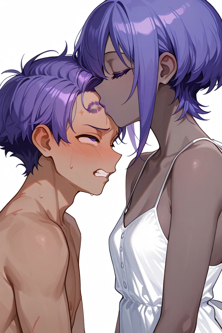 Ultra-detailed illustrations、Ultra-precise expression、masterpiece、Highest quality、ultra High resolution、High resolution、Hiromitsu Takeda Style、White background、Simple Background、penis、クリームでデコレーションされたpeniash Kyrielight、light purple hair,short hair,hair over one eyes、Completely naked、