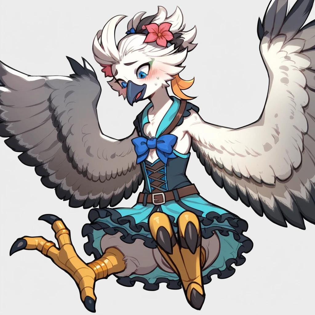 ultra-detailed, masterpiece, masterwork, high quality, best quality, hdr, (nature, japanese style), nsfw, male, solo, avian, chibi, (nude), (white little body crow), (long silver hair, beak, horn), detailed yellow eyes, tsurime, hip focus, dynamic angle, (micropenis, foreskin, perfect balls), wings, cross your arms