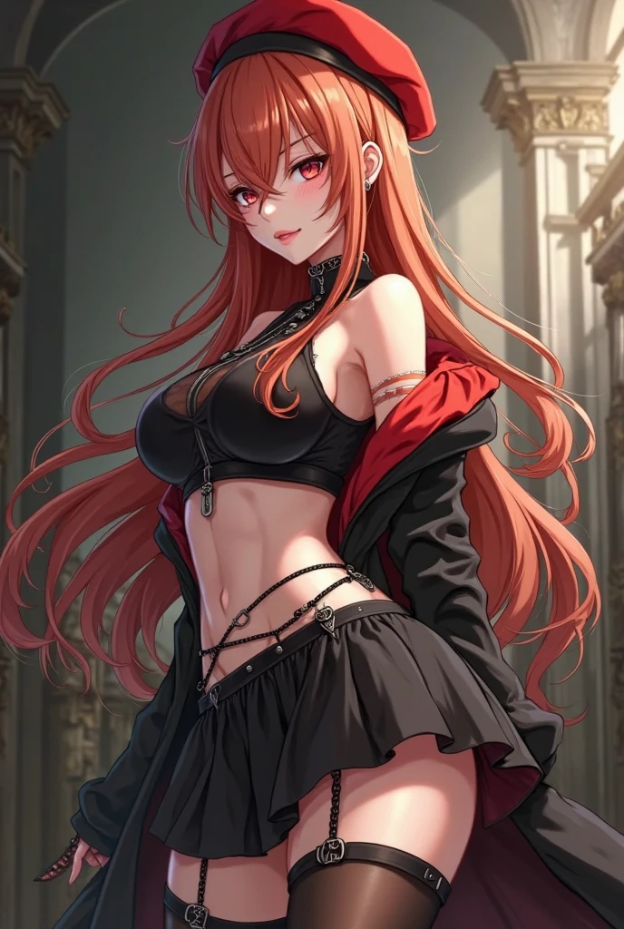 An anime girl with red hair and blue eyes wearing a skirt and an open shirt revealing a black and red lace bra
