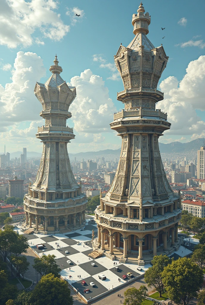 2 buildings in the shape of a king and queen chess pieces. The entire city looks like a chess board
