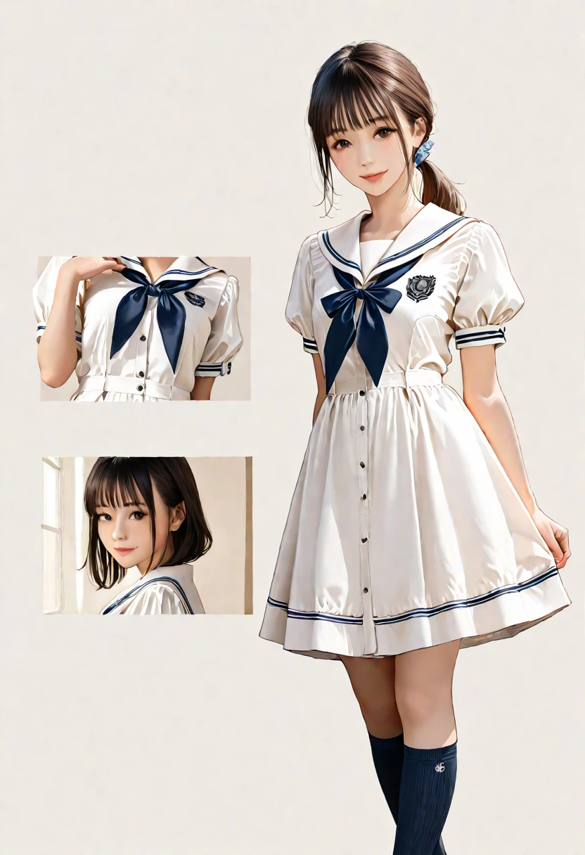 (Porcelain Doll)、(Ceramic figure)、(One girl、Primary school students)、(natural standing posture)、(Show your whole body)、Detailed facial depiction、A kind smile、Short Hair、White Beret、(White Sailor Suit Dress)、Navy blue sailor collar、(White long skirt)、Pleated skirt、shoes、loafers、Vintage、Classic、((Watercolor of singer Sargent))、Blur the background、((No background))、((White Background))、((A plain background))、(No logo)、(Highest quality、High resolution、masterpiece)、3d、4K、wallpaper、