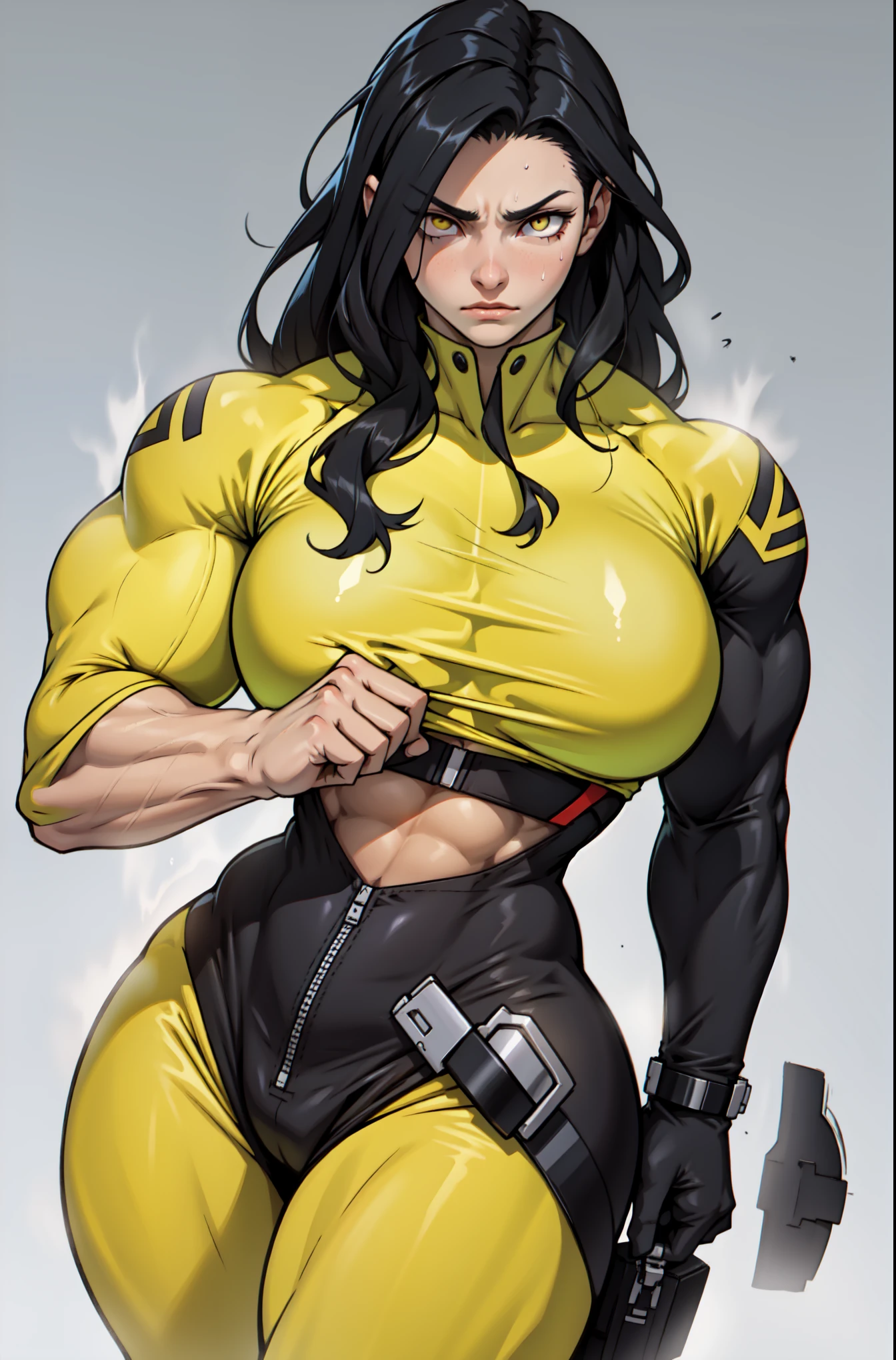 ((1 girl)), solo, black hair, extremely long hair, yellow eyes, (angry), pale skin, (((((((muscular))))))), ((thick thighs)), ((huge breasts)), (((black body suit))), (((wide hips))), mountain range background, (shiny skin), close up