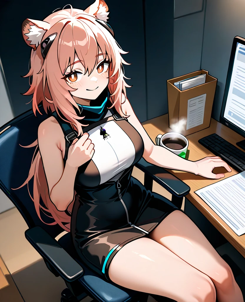 yae miko, 1girl, solo, ((white shirt)), black thighhighs, breasts, cleavage, uniform, office background, black skirt, pleated skirt, office, hair between eyes, hair flower, hair ornament, large breasts, long hair, looking at viewer, pink hair, pink nails, purple eyes, solo, thighhighs, thighs, very long hair, ((masterpiece)), sitting, chair, desk, computer on desk, name tag, id tag, indoor,