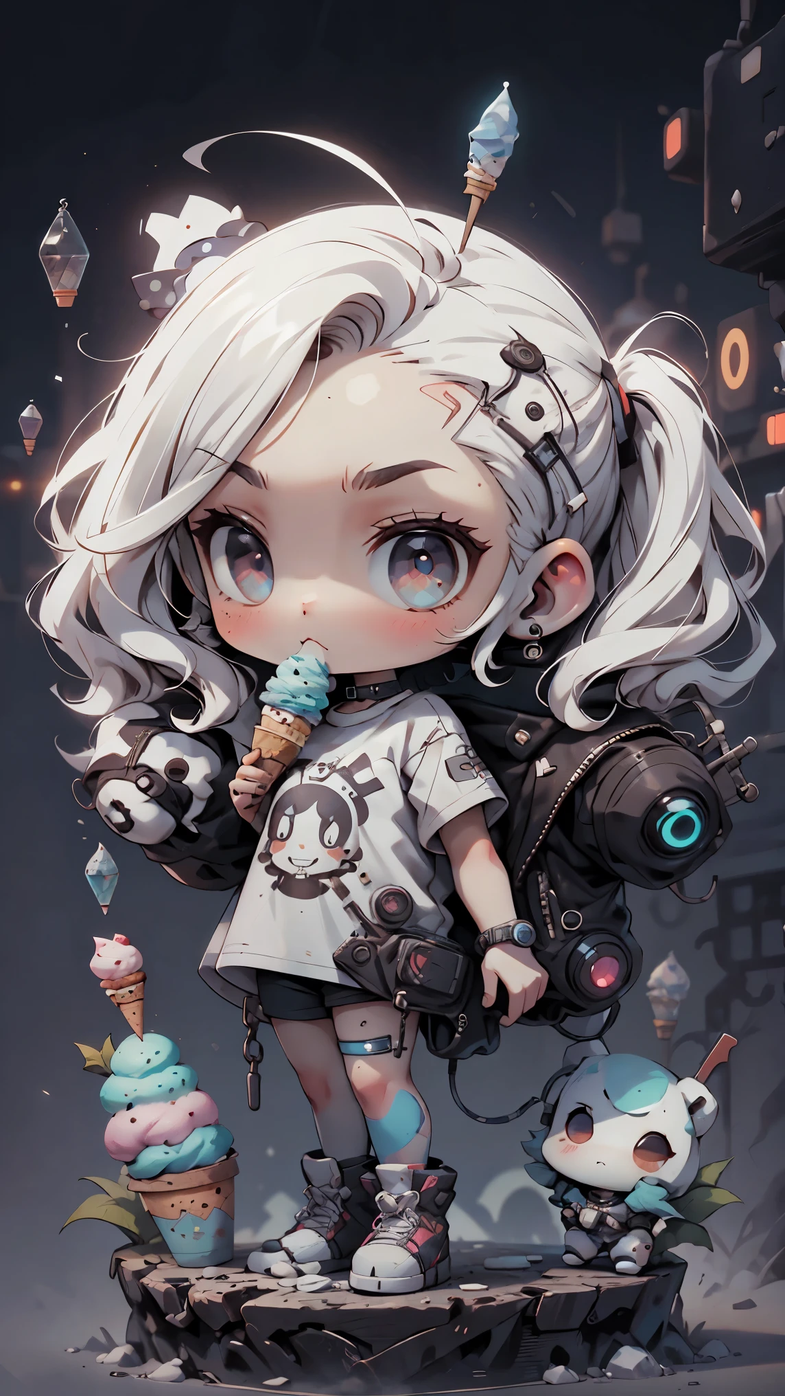 plastic, 1 girl, Chibi T-shirt, cyberpunk, Premium Ground, dot, ice cream texture, deep , Fundo white ,white