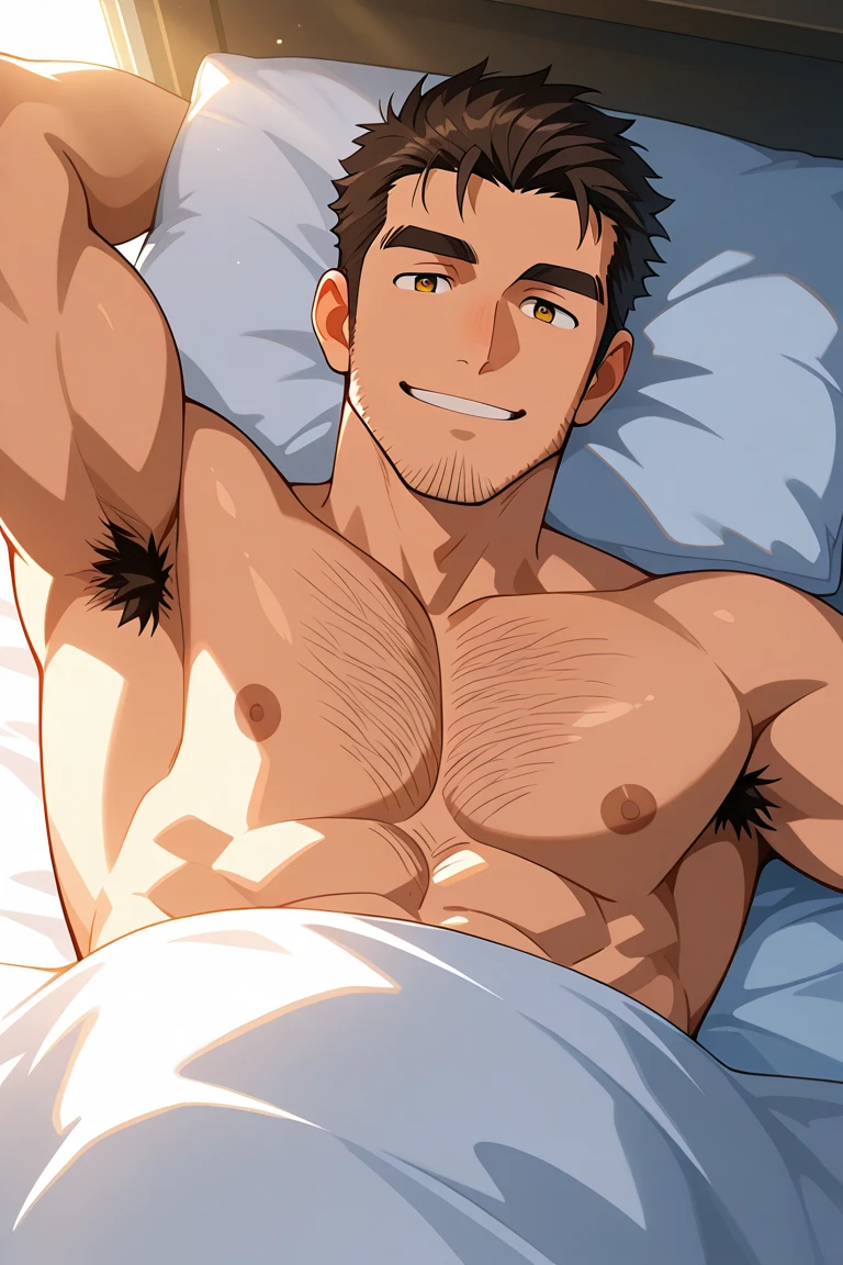 Muscular man with his pants unbuttoned with a large bulge in his underwear making a naughty face, holding his underwear in a naughty way, lying on an all-white bed