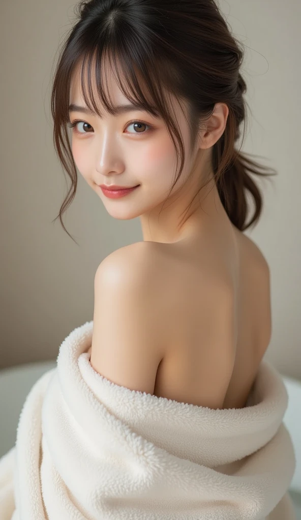 Highest quality, Chest Focus, Soft Light, Ultra-high resolution, (Realistic:1.4), RAW Photos, Japanese women, alone, cute, smile, (Brown eyes, Light in your eyes),(High resolution detail of human skin texture), Taking a shower、Small nipples、Wet、See-through、Big Eyes、Medium build、adult