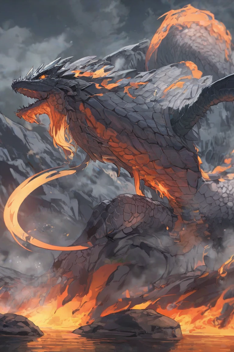 a giant eight-headed serpent, eight heads each breathing out elemental particles of fire, water, earth, wind, ice, lightning, poison, darkness, highly detailed, cinematic lighting, dramatic composition, muted color palette, dark moody atmosphere