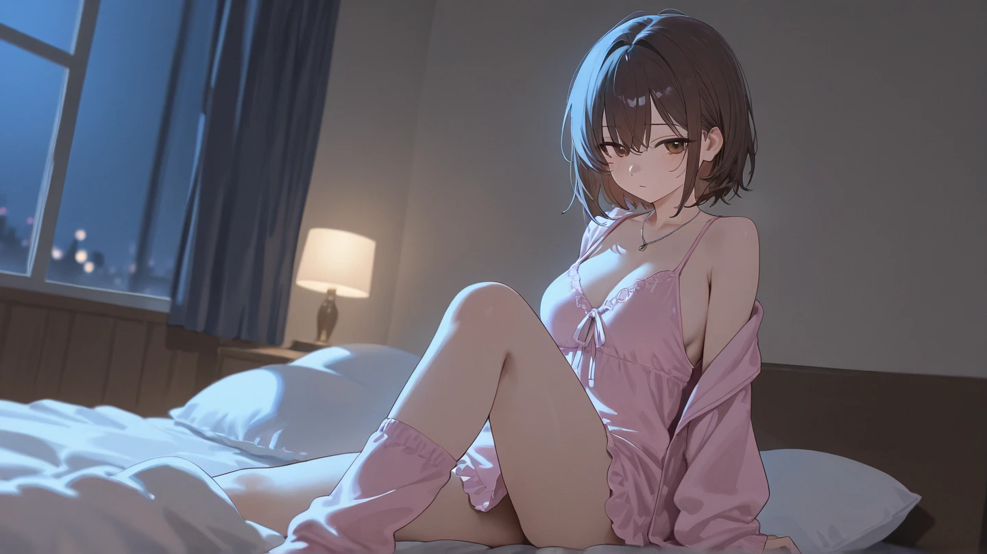 1 girl, best quality, tmasterpiece, beautiful,  HD, extremely detailed, visually inspect the audience, brown hair, (((solo:1.1))), the face is slightly red, is shy, blush, full body, adorable, cleavage, dress, (sitting on his knees on the bed:1.4),