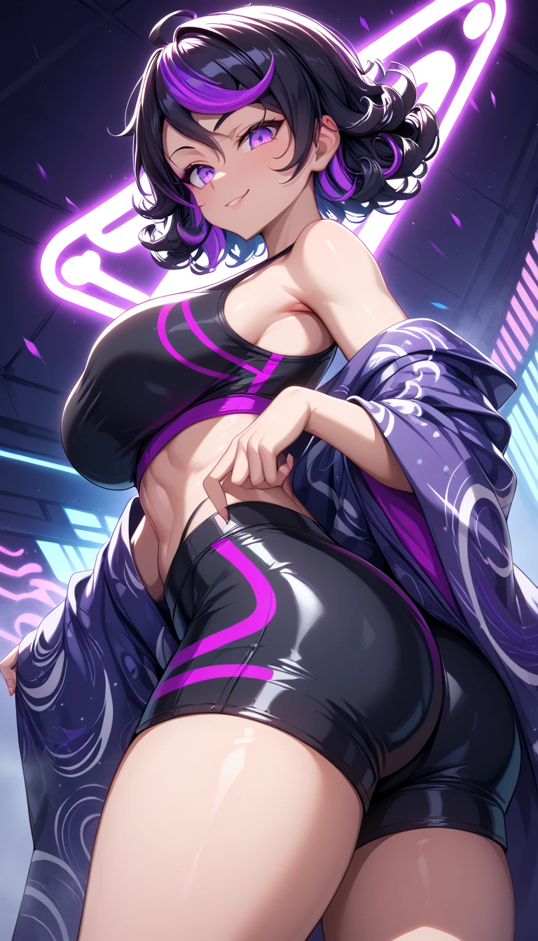 nsfw, kochou shinobu, (((((Road bike))))), (((Cycling Shorts, Cycling shirts))), ((((((locker room)))))) , whole body, boost mood, Ultra-realistic 8K CG,masterpiece,, ((Highly detailed background,Delicate pattern,Intricate details, Fine and beautiful eyes)),The best quality in the best condition,とてもとてもとても詳細なface, Highly detailed eyesとface,Highly detailed eyes,kochou shinobu,Multicolored Hair,No bangs,Hair Intake,, Purple eyes,,butterfly,band,(熱band庭園:1.2),Purple Flower,mostly cloudy null,Tyndall effect,slope_null,face,beautiful null,,Seductive posture,(Cleavage:1.3), woman,15 years old,Road bike,No underwear, cute, (((Cycling Shorts))),,Laughing with your mouth open, ((Sweat))(See through),((bicycle)),((Black Hair)),blush,((Recall))(Sweatで濡れた)Reflecting the buttocks,bicycleのスパッツ,