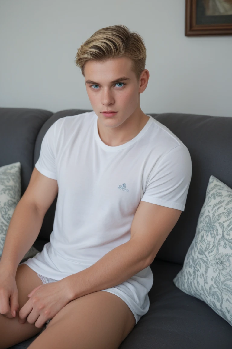 full body view white male fitness blond model blond guy with stylish undercut haircut, chiseled jaw , in white leather shorts, in long white socks , no shoes, golden rings, comfortably sitting on couch, showing off his white socks, watching football match on TV, in The most luxurious modern apartments in Dubai with large windows on Dubai