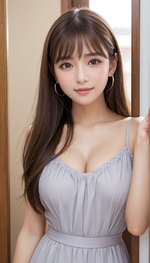 Latex bodysuit、Knee-high boots、Huge 、Long brown hair、Shiny, Oily skin、Glowing Skin、Indoor competition pool、White skin、(RAW Photos), (Realistic), (masterpiece), (Highest quality), High resolution, 8k resolution, (Intricate details), (Lightweight and voluminous), Portraiture, woman, Medium Hair, Straight hair, Layered Hair, Brown Hair, Highly detailed eye, Very thin eyebrows, Highly detailed skin, Highly detailed mouth, Highly detailed nose, Cute like an idol, smile, ((Thick lips)), ((look into the viewer'eye)), (Shapely breasts), (Cleavage), , (Westshot), Bright cafe terrace background with city view, Randomly oriented bodies