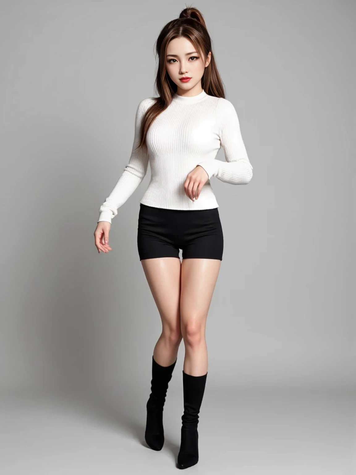 Girl, long brown hair, arms crossed, black cropped turtleneck,black shorts, barefoot, standing, serious face full body