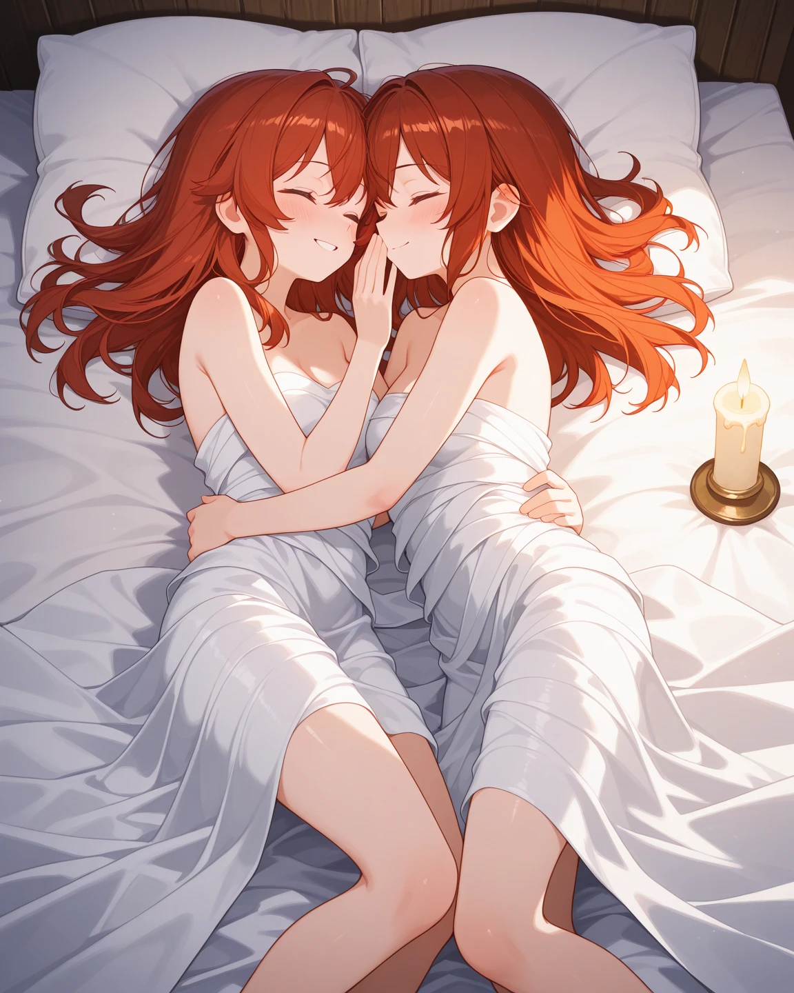 Red haired princess lying on bed in transparent dress , trace in the hair ,red eye. Peitao grande , she's in the room