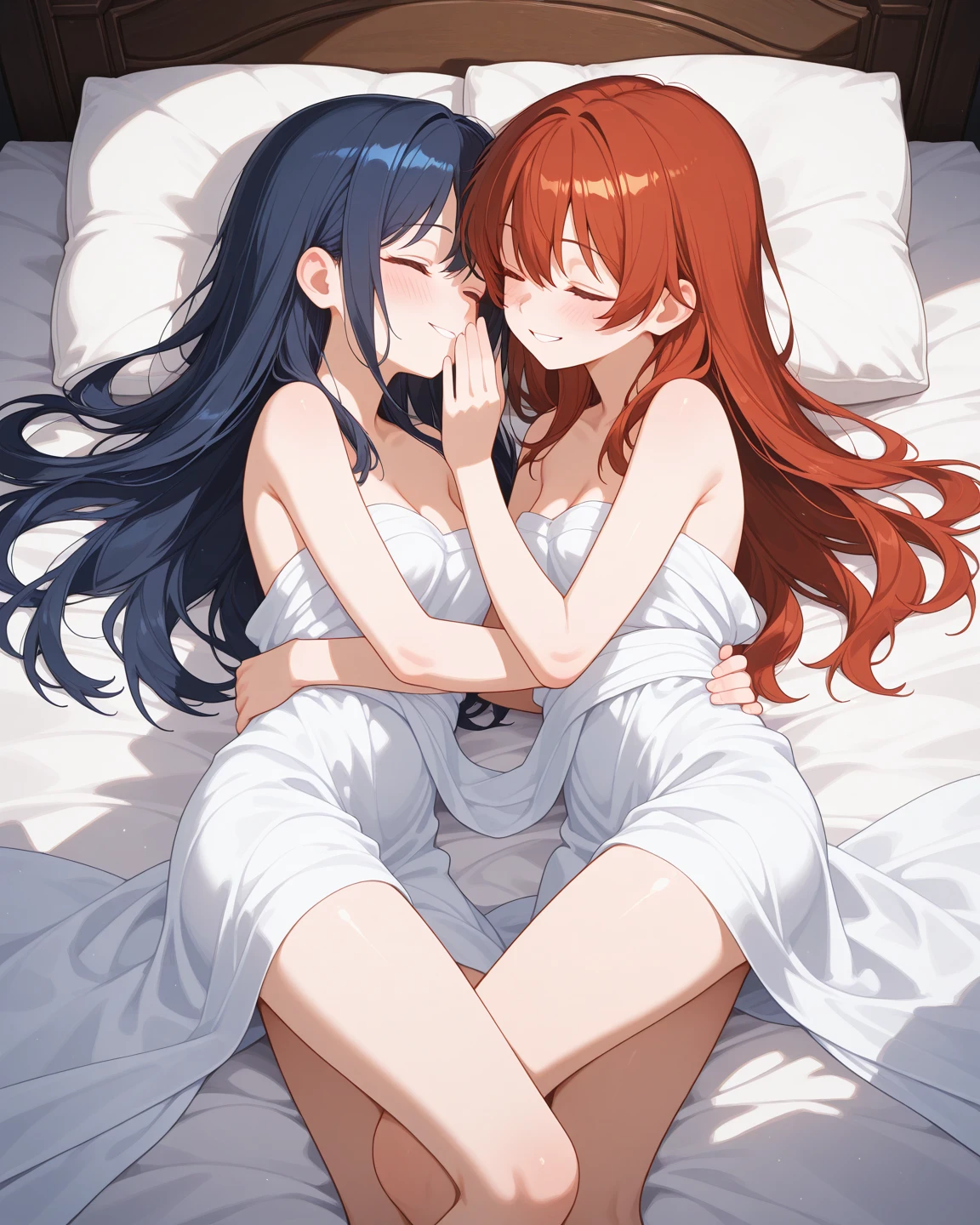 two beauties touching each other, (Transparent shirt: 1.2), (Open shirt), Light clothes, Sleeveless, Two women posing for a photo on bed, Surreal full-body figure, Beautiful and detailed body and face, gorgeous figure, pony tails, Clear, Smile, Moaning, Tease, Surreal full body body, Beautiful and detailed body and face, Extra-long viewing angle, Fair skin, Bright colors, Asian, There is almost nothing in the clothes, Blurry,