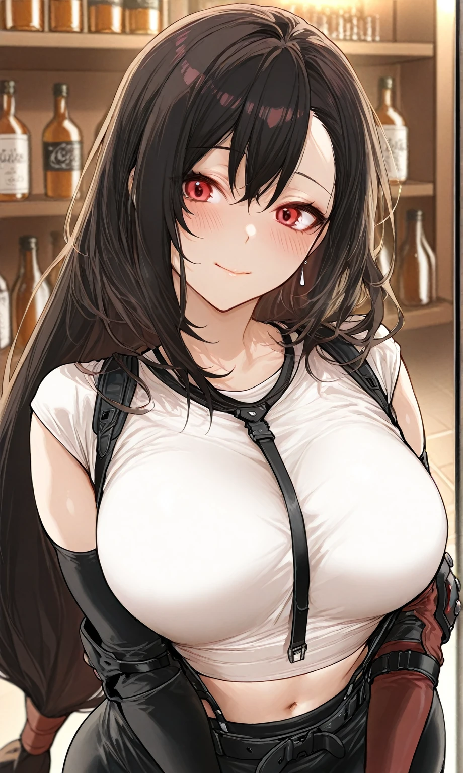 (from above:1.2),(from side:0.9), ((Face)), (Close-Up:0.4), masterpiece,"A 26-year-old girl stands at a bar counter. She is dressed in a stylish off-shoulder dress, sweater dress, off-shoulder sweater, red sweater,garter stocking, cleavage:1.1, midriff, black thighhighs, pretty girl, (highly detailed beautiful face and eyes,firm breasts),real skin,((black,hair,long pony tail hair)),thin pubic hair,cute and lovely pose, detailed eyes, This masterpiece is only visually stunning but also tells,(small breasts:1.1,under bust:0.6),(with sparkling eyes and a contagious smile),open mouth. The bar is beautiful, with colorful bottles of alcohol in the background and a soft glow from neon lights. The atmosphere is relaxed, and the girl looks confident and fashionable.",full body, sexy pose,make a cocktail , in a bar counter, Looking at Viewer,
