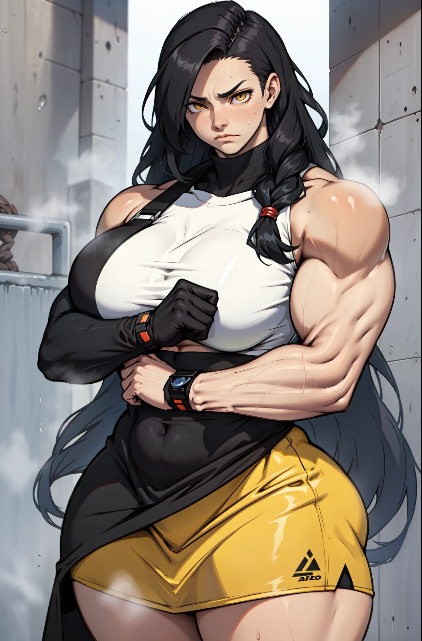 muscular toned body bodybuilder huge breasts black hair yellow eyes sad girl sad girl sad girl 1girl cowboy shot curvy very long hair