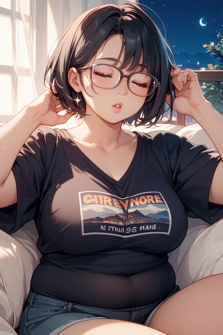 (masterpiece), (best quality), ((ultra-detailed)), (high resolution), (an extremely delicate and beautiful, super fine illustration), official art, BREAK (1girl), (:1.6), (tiny girl:1.6), (5yo)lat chest:1.4), Plump, (Thick thighs:1.8), (big ass:1.5), erect nipples, Huge areola, large nipples, (long nipples:1.4), erect nipples, oily skin, BREAK droopy eyes, emerald blue eyes, (bad mood:1.3), (clear face:1.3), (half closed eyes:1.4), BREAK (bob cut:1.3), tired hair, messy hair, Black hair color, girl wearing round black glasses, BREAK [[open mouth]], (pajamas:1.3), (white socks:1.5), BREAK open legs, BREAK (Sweat:1.3), steam, humid, BREAK (messy room:1.4), BREAK (dynamic angle:1.4),
