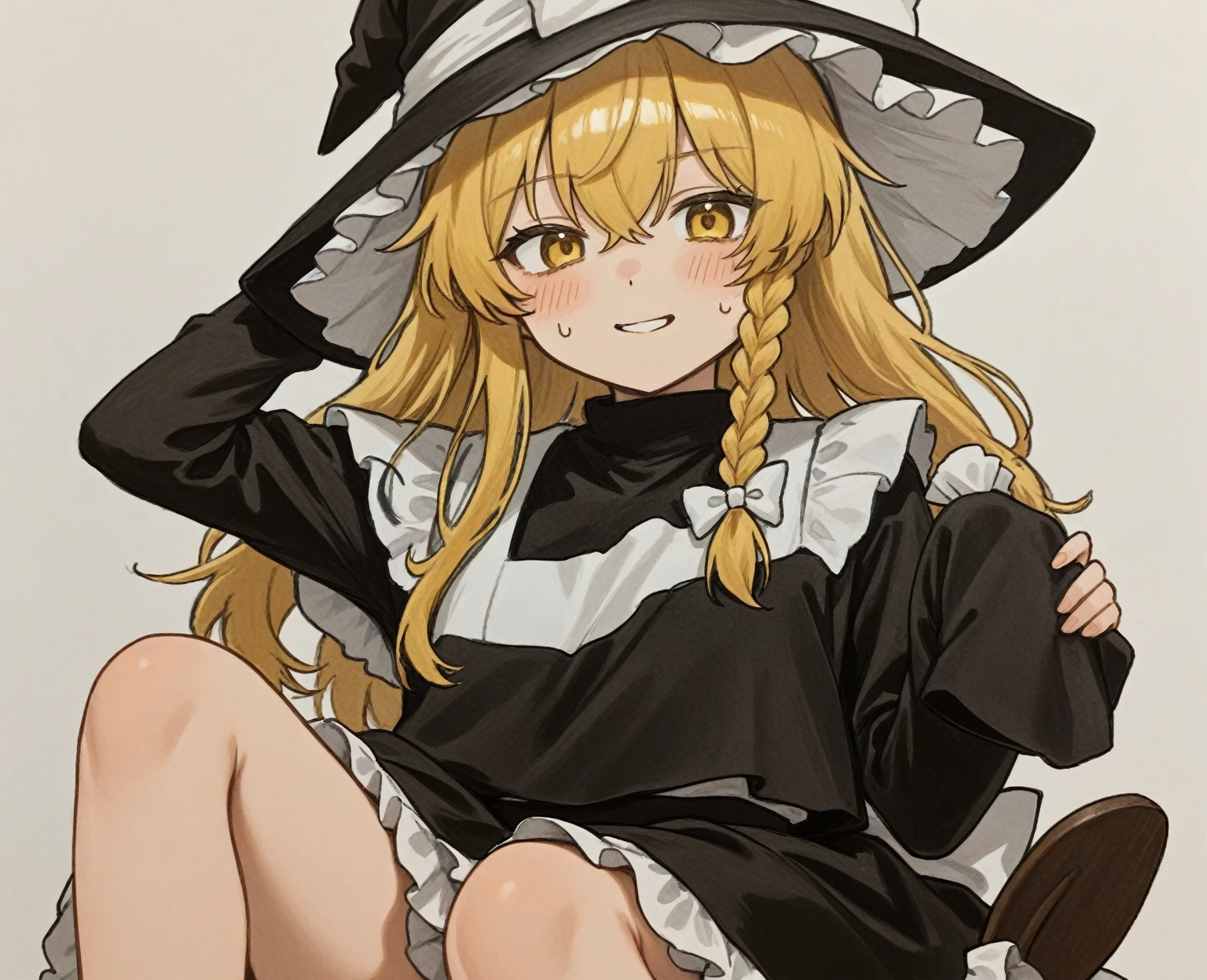 best quality, masterpiece, <lora:wai-tei-10:1>,1girl, solo, yellow background, chibi, squatting, kirisame marisa,