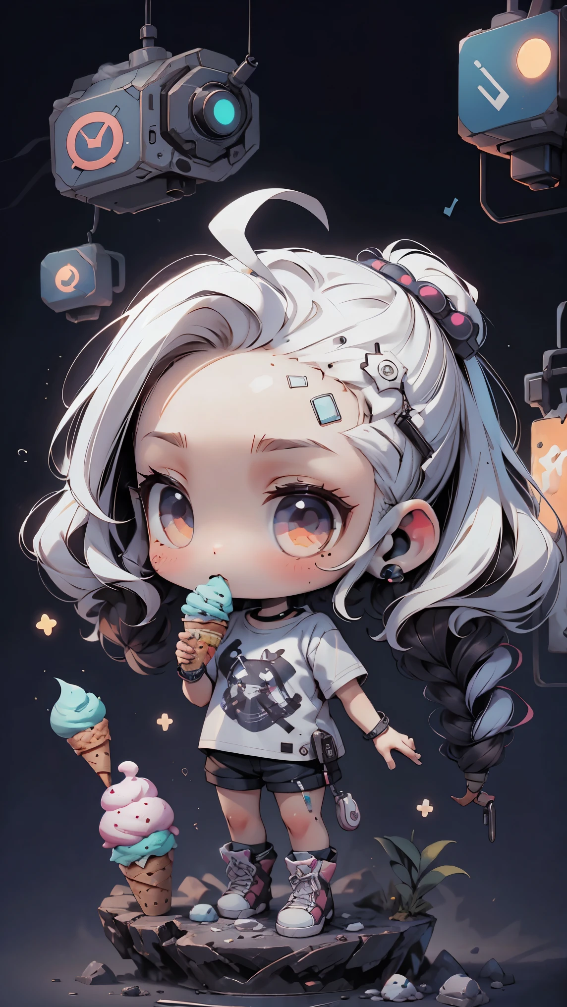 plastic, 1 girl, Chibi T-shirt, cyberpunk, Premium Ground, dot, ice cream texture, deep , Fundo white ,white