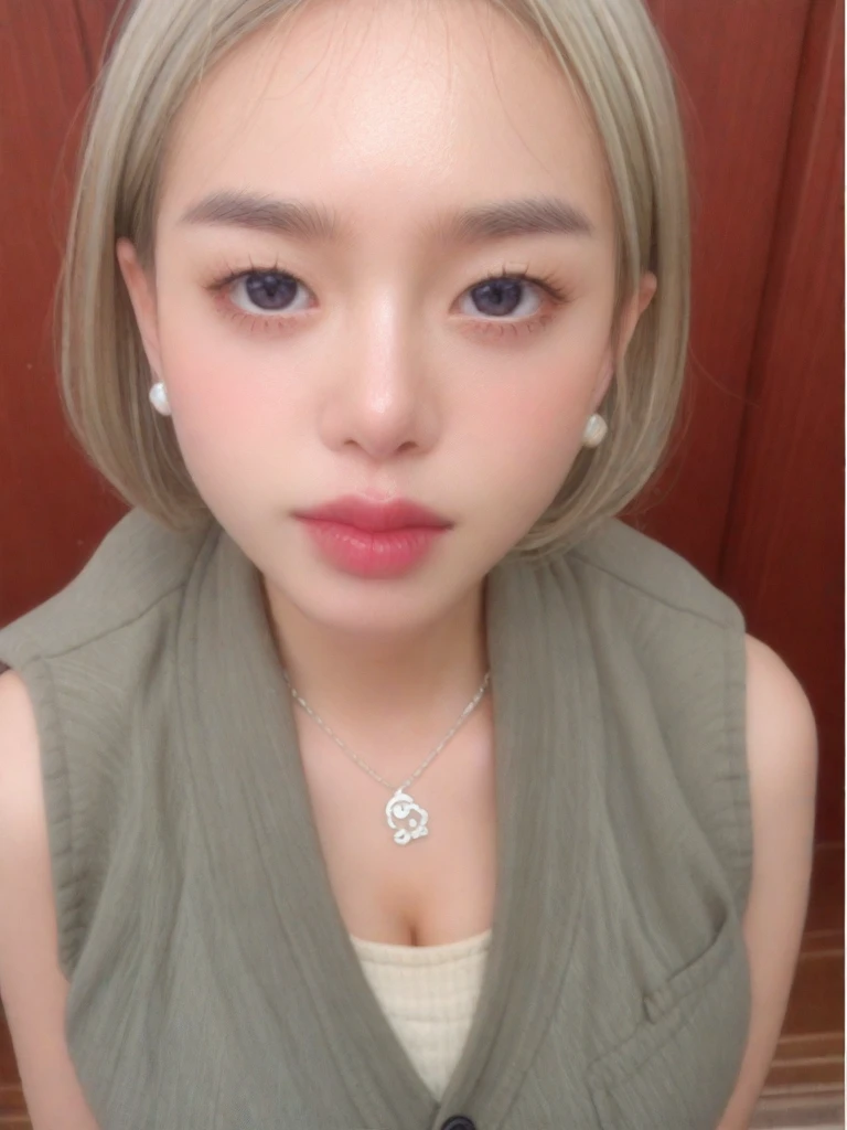 (8k, Photorealistic, Raw photo, Highest quality: 1.4),Japanese idol style1Beautiful girl of the person,18-year-old,Very short hairstyle,Silver Hair,Hang your hair over your ears,Wearing small earrings in the ears,Big, clear grey eyes,Long eyelashes,Tear bags,There is a blackhead under the left eye,Plump Cheeks,Wearing pink lipstick,Apply gloss over your lipstick for glossy, plump lips,A short pendant is hanging around her neck.,He is wearing a diver's watch on his left wrist.,Both hands have pink nail polish on their nails,Both toenails have red nail polish,Smiling,Wearing an oversized T-shirt,Wearing skin-tight, ripped jeans,She is wearing red high heels on her bare feet,She is wearing an anklet on her right ankle,She is surrounded by the gentle sunlight filtering through the trees.,Full body portrait
