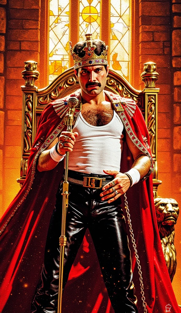 ・Freddie Mercury wears a gold crown and crimson velvet robe studded with rubies and sapphires, a white tank top, black leather pants, and a silver chain belt. Wet-look dark brown hair and determined expression, large jeweled rings, holding a brass stand microphone, cape fluttering in the wind and lion relief on the throne. ・Looking up angle from low position. Sunset orange light and backlighting through stained glass, dramatic lighting against the silhouette of the stone castle wall emphasizes the contrast. Cinematic 8K HDR rendering with the hem of the cloak in motion and delicate light particles dancing. ・16K resolution, UHD, RAW. ・Dramatic. scene from a movie. Sharp line drawings, perfect detail. ・absurdres, Masterpiece, 8k,