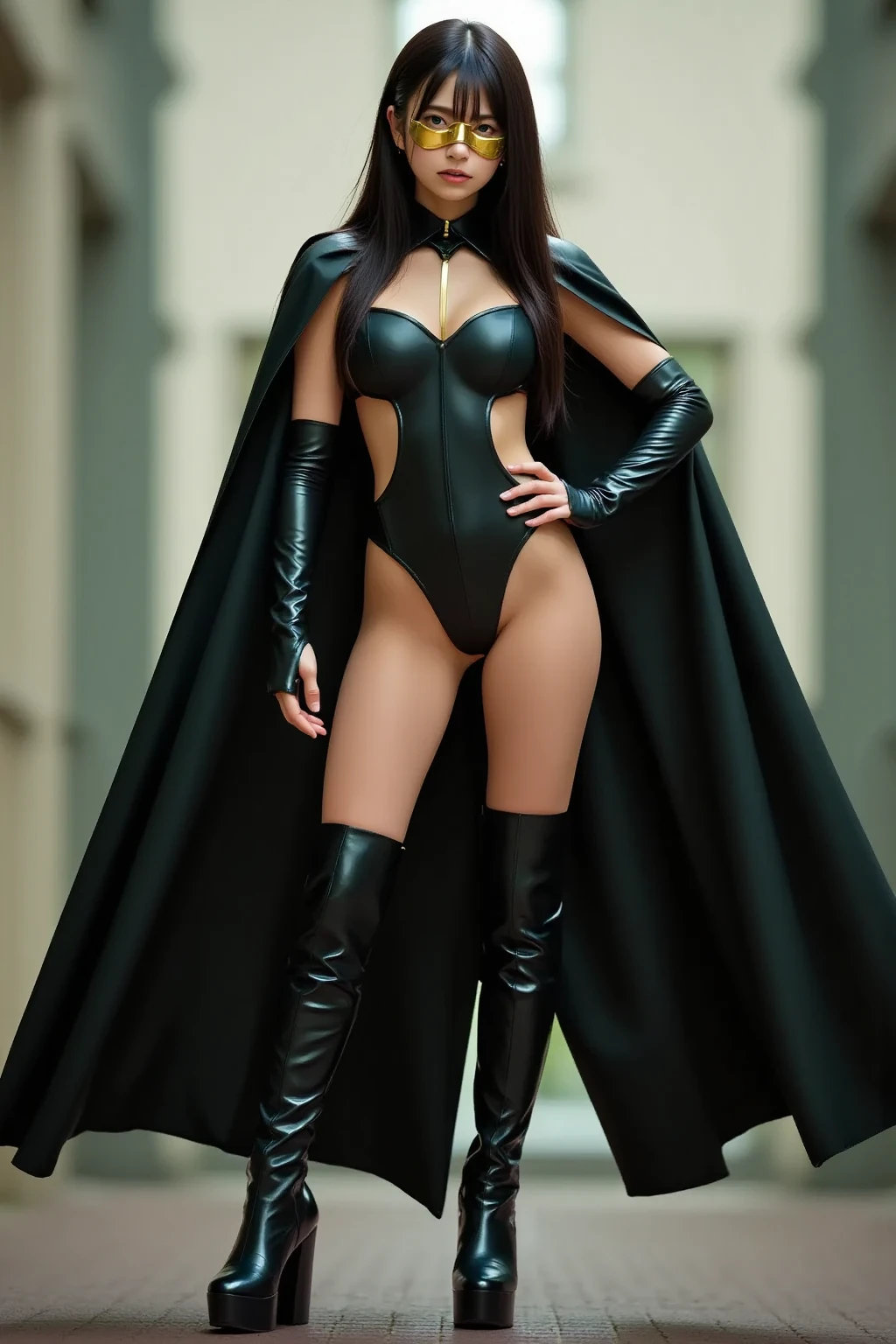 ASCII (Photorealistic: 1.4), (Masterpiece, Extreme Highest Quality), (nsfw), 1girl, Full body shot, (expressive eyes), (Beautiful proportions), black_hair, Breasts, (Underwear visible)), Areola See-through, Japan Female Ninja, Ninja Pose, Full Body Shot, Kung Fu Pose, Legs Raised High, Balance, Black Cloak, (( A strong wind is blowing)), desolate fields, smoke, after a fight, dark background, ((professional lighting)),