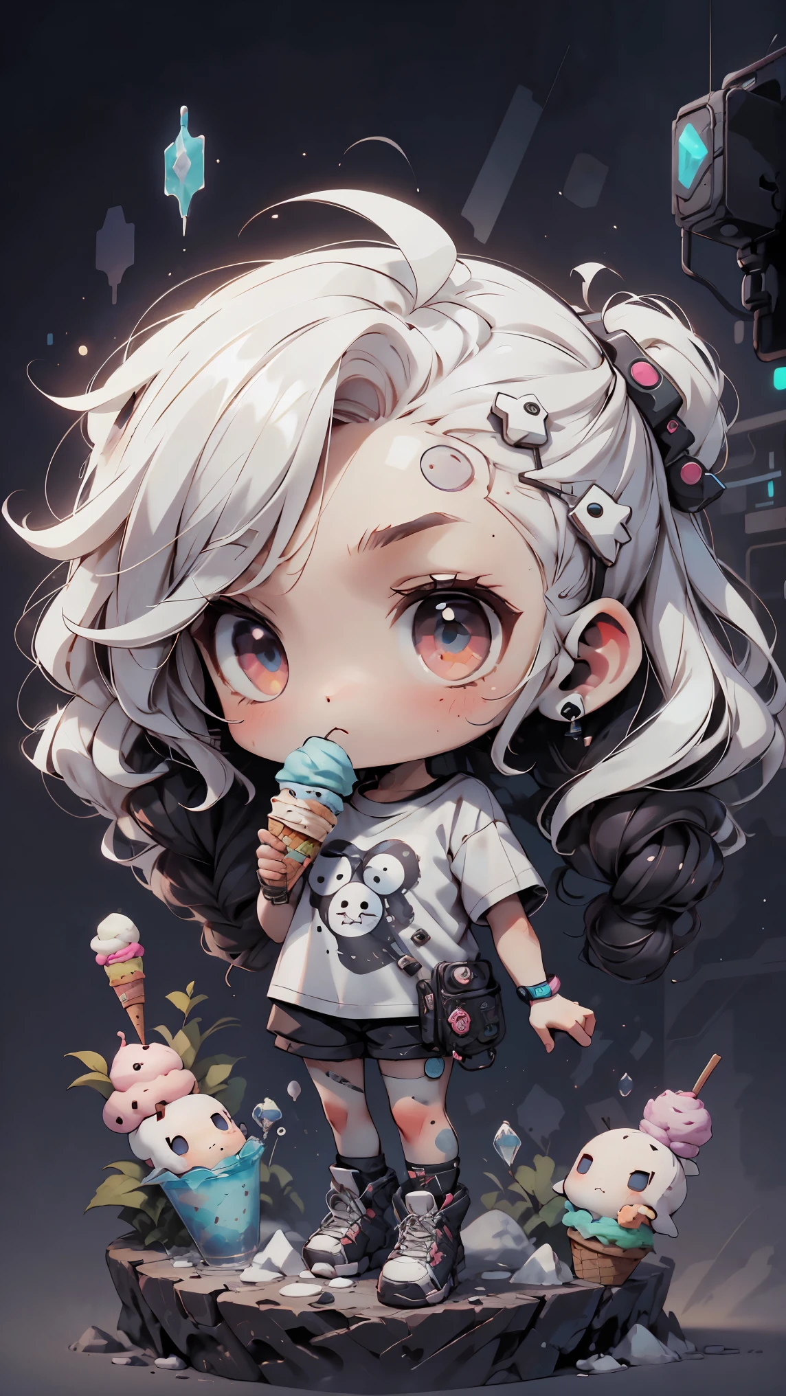 plastic, 1 girl, Chibi T-shirt, cyberpunk, Premium Ground, dot, ice cream texture, deep , Fundo white ,white