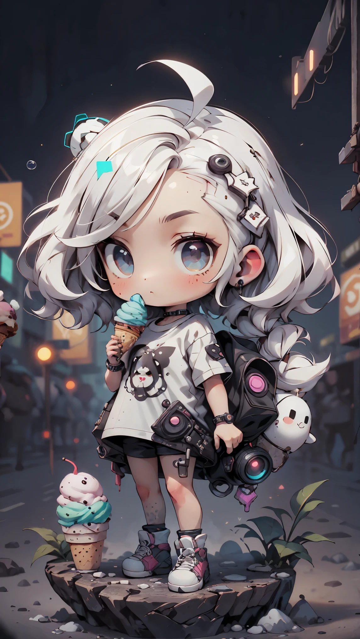 plastic, 1 girl, Chibi T-shirt, cyberpunk, Premium Ground, dot, ice cream texture, deep , Fundo white ,white