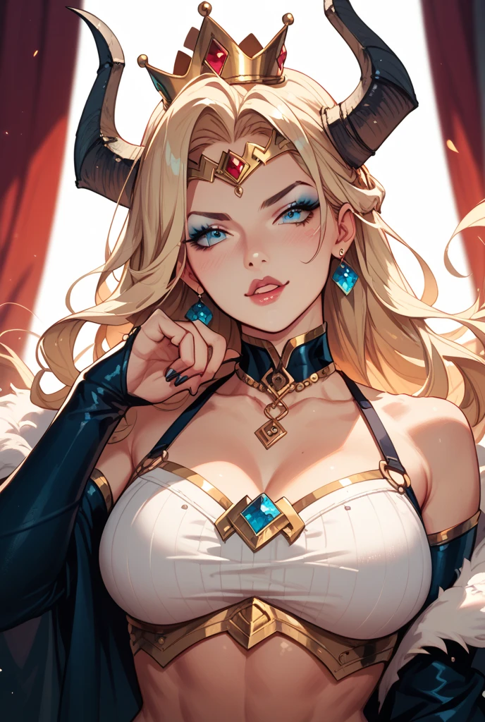 A demonic and seductive looking anime character, with black wings, long dark flowing hair, bright golden eyes, and curved horns like those of a ram. has pale skin, a mischievous smile and a playful and mysterious expression, holding a finger to his lips as if silencing someone. She wears a white dress with intricate detailing and gold accents, along with a blue gem on his chest. The scene is dramatically lit., with soft shadows that enhance her sharp features, as the background fades into darkness, adding an enigmatic and magical touch. The style is a mix of anime fantasy with intricate details, Capturing an intense portrait, close and dynamic