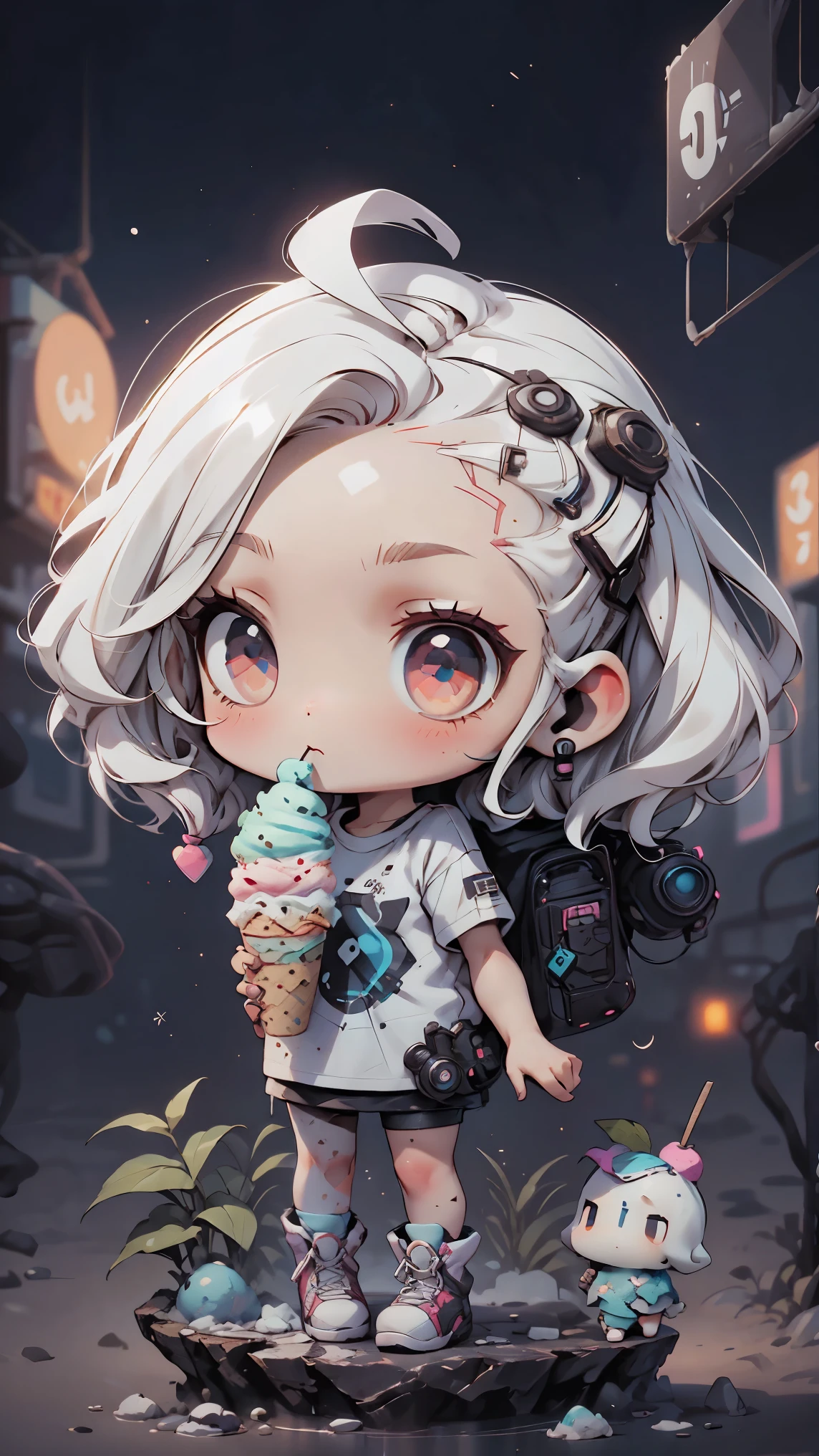 plastic, 1 girl, Chibi T-shirt, cyberpunk, Premium Ground, dot, ice cream texture, deep , Fundo white ,white