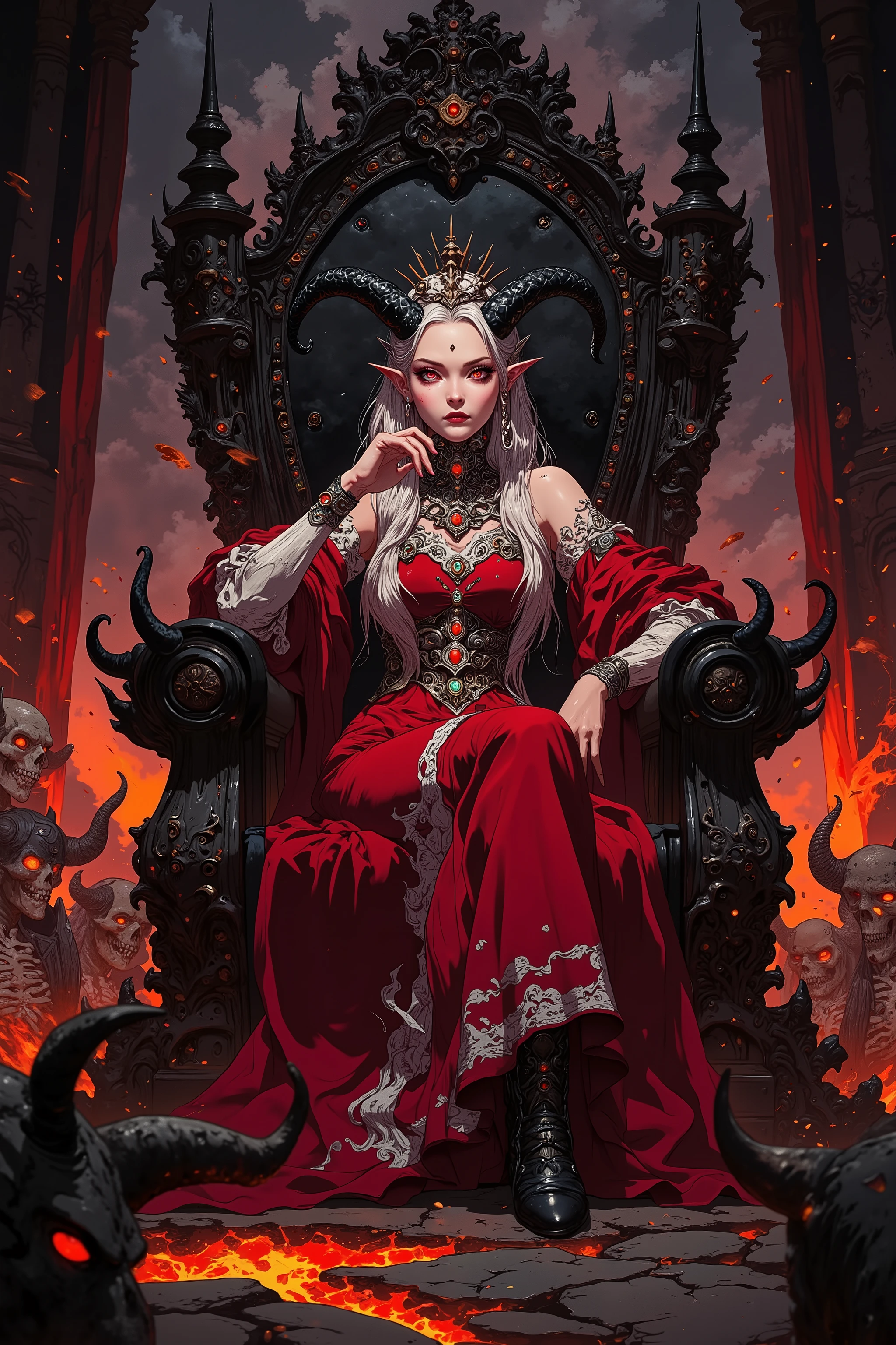 a demonic queen with curled black horns, sitting on a dark obsidian throne in a grand hall of a lava-surrounded black castle, wearing an elaborate red infernal gown adorned with cursed jewels and dark metal, her expression is arrogant and condescending, resting her cheek on one hand in a relaxed yet commanding pose, long silver hair with ornate braids and a twisted crown, glowing red eyes, gothic throne room dimly lit by lava and firelight, skeleton warriors and horned demons kneeling in fear, cracks glowing with molten heat, cinematic lighting, heavy atmosphere, floating embers, dark fantasy, ultra-detailed, 2:3 aspect ratio