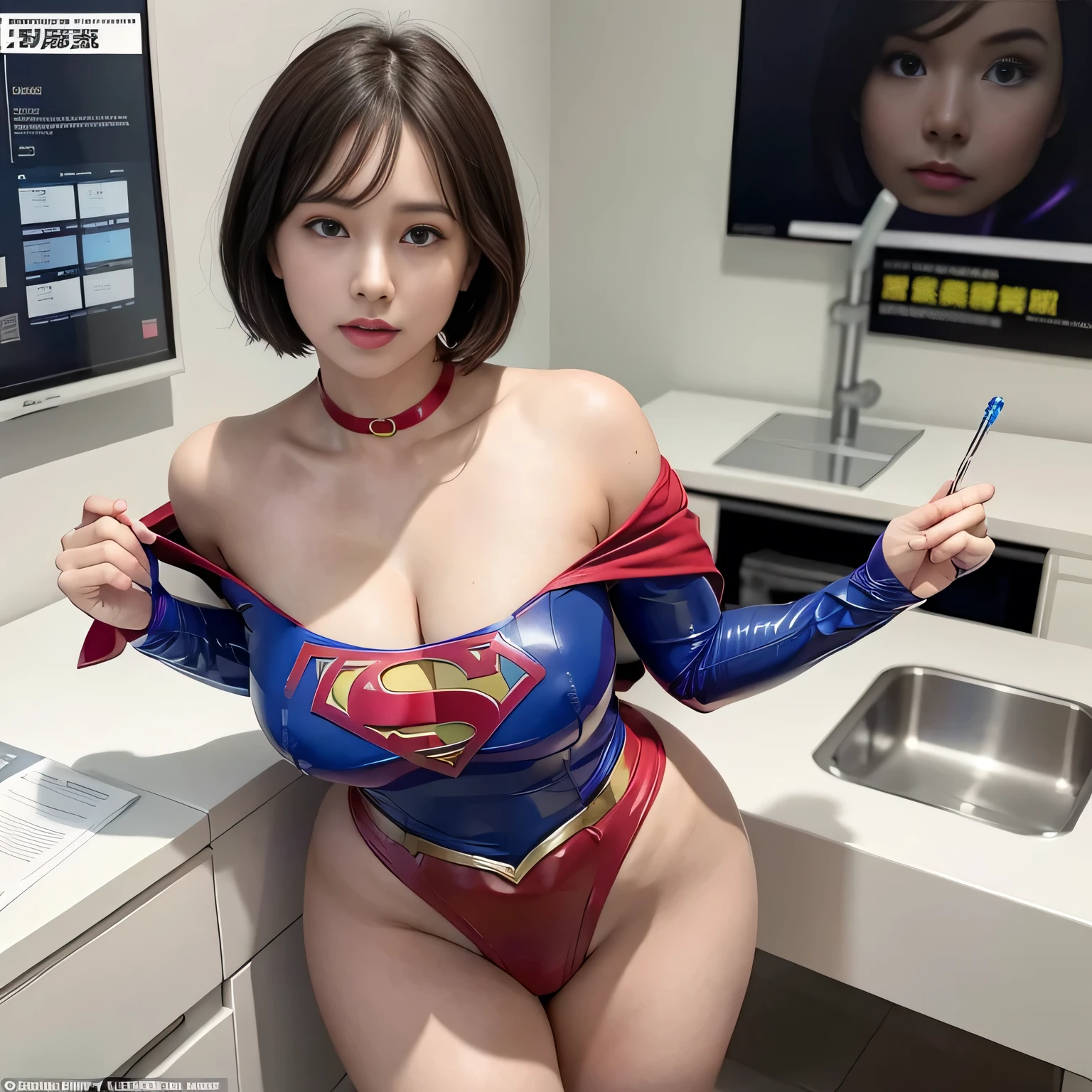 masterpiece、Rubber Supergirl Costume、short hair、barefoot、Big and ample breasts、shiny sweaty skin、looking at the camera、choker、Long sleeve、Sexy poses to seduce、Off the shoulder、latex、From the front、In front of the laboratory equipment in the hospital room、High leg leotard、cape、Glamorous cleavage、Photo magazine cover、Boasting beautiful legs、Nymphomaniac young wife in her 40s、Close-up shot of looking at the camera、