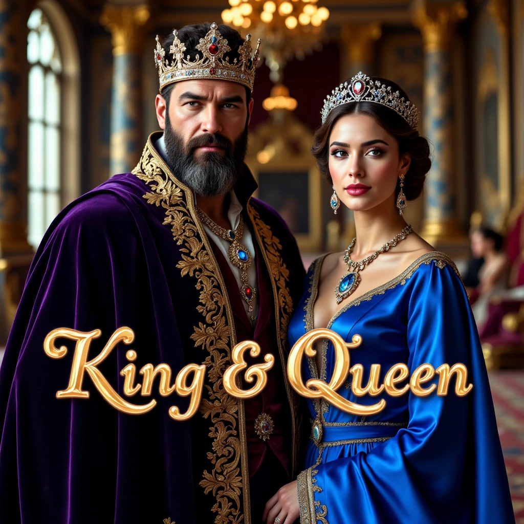 Create realistic image of couple king and Queen outfit and sit on the king and queen chair . gold combination of white.had a wings and behind them the color of the wall black & white on which written in 3rd curve style on it name"Kyros,Cay"3rd letters style be careful to the spelling on it.