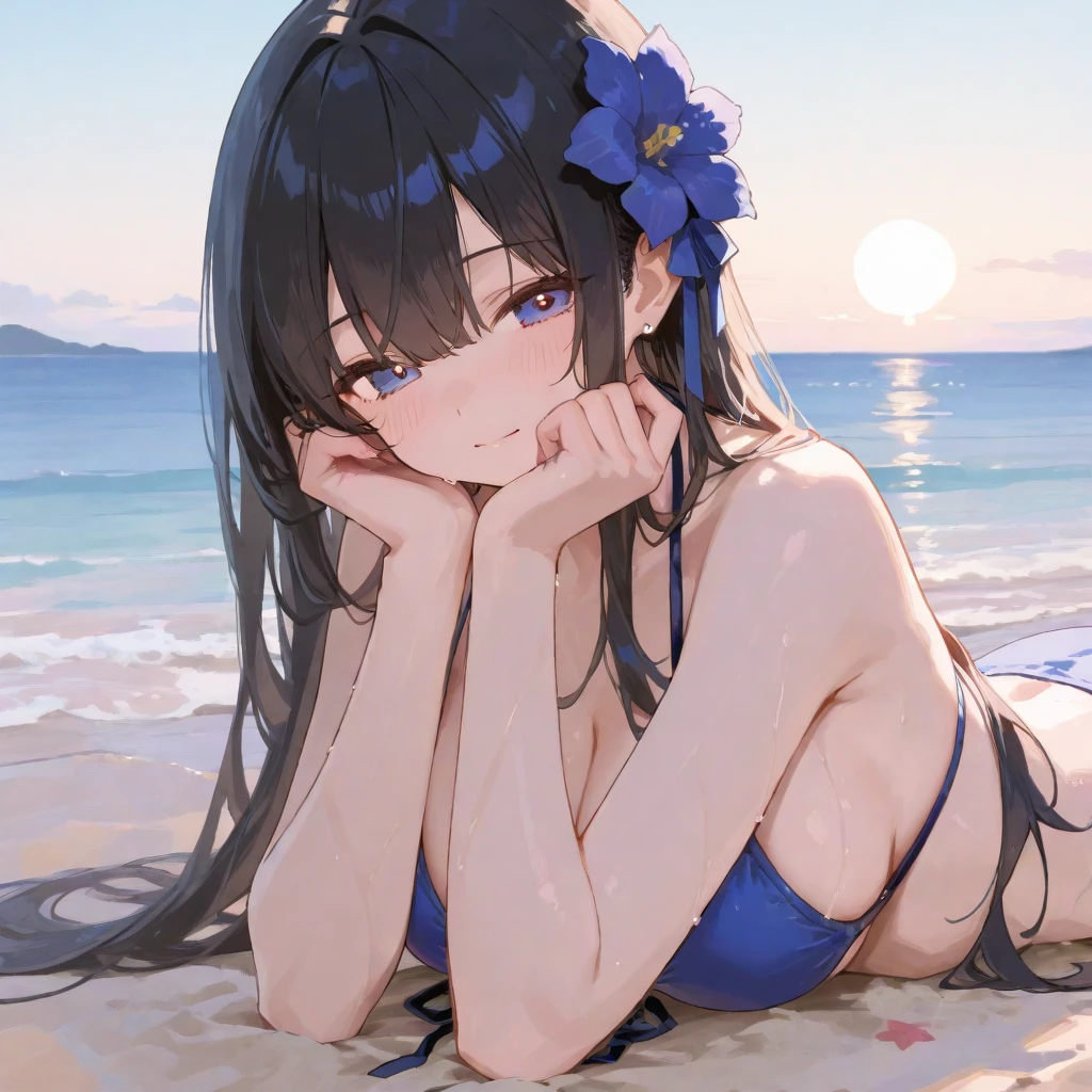 masterpiece、Massive landscape((the setting sun、Meteor swarm、Vast sandy beaches、Mysterious Sea))、About 20 years old、a beauty girl、huge tit、Bau de Bikini、Delicate embroidery、Tie your hair together and pin flowers、Farbe々Pose、Wet hair、Body is wet、perspiring、lying back、Looking at the ceiling